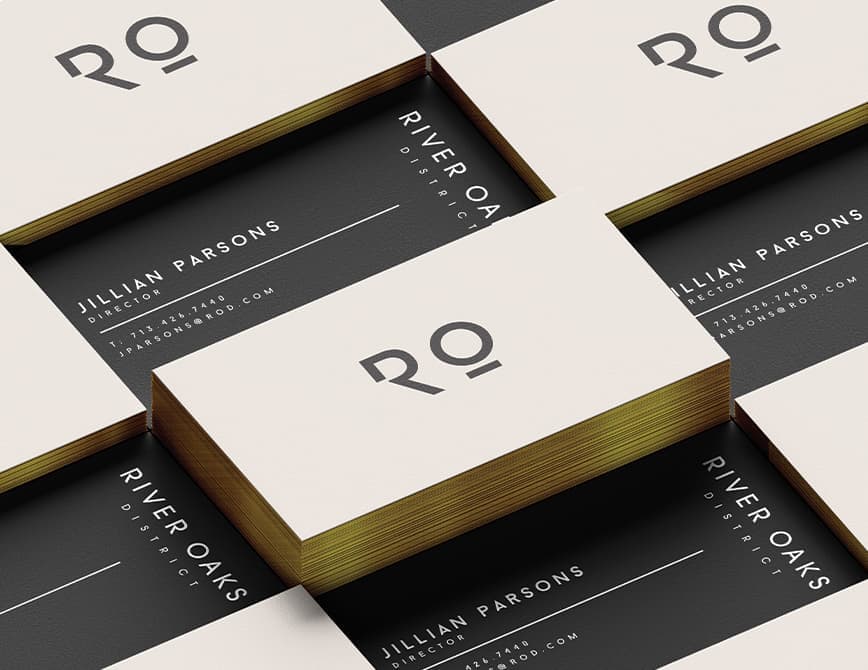 River Oaks District business card logo and branding.